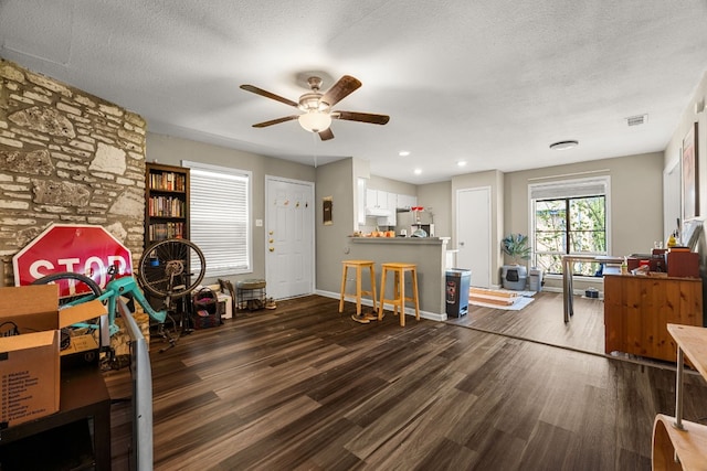 miscellaneous room with ceiling fan, a textured ceiling, and dark hardwood / wood-style floors