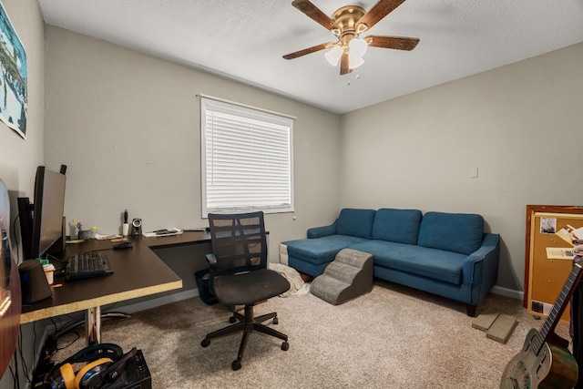 office with carpet floors, a textured ceiling, and ceiling fan