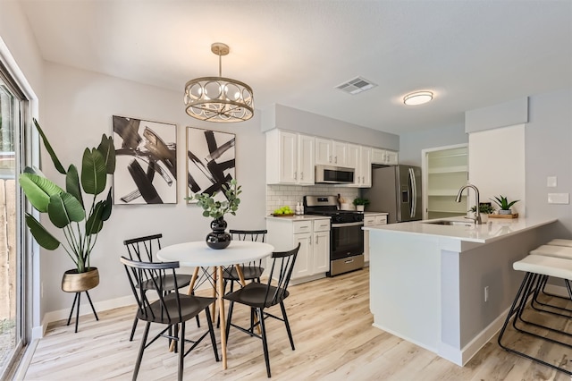 kitchen with pendant lighting, sink, appliances with stainless steel finishes, white cabinetry, and kitchen peninsula