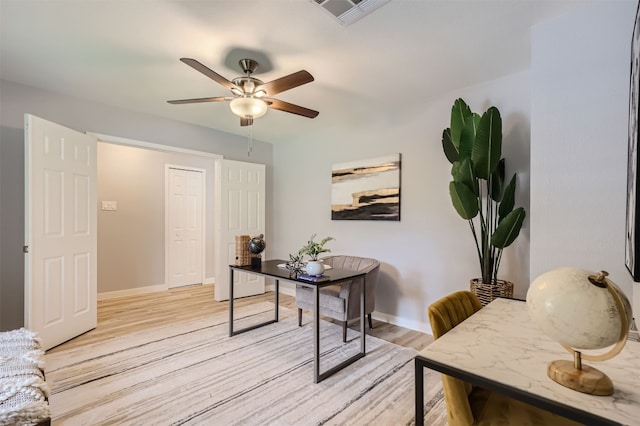 office featuring ceiling fan and light wood-type flooring