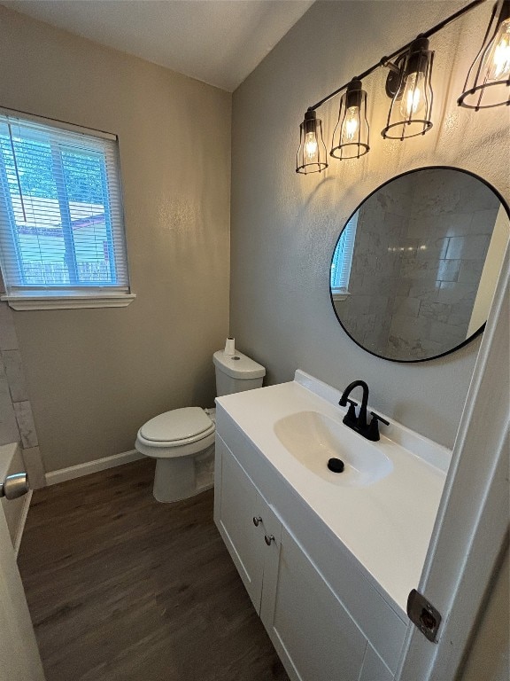 bathroom featuring vanity, toilet, and hardwood / wood-style flooring