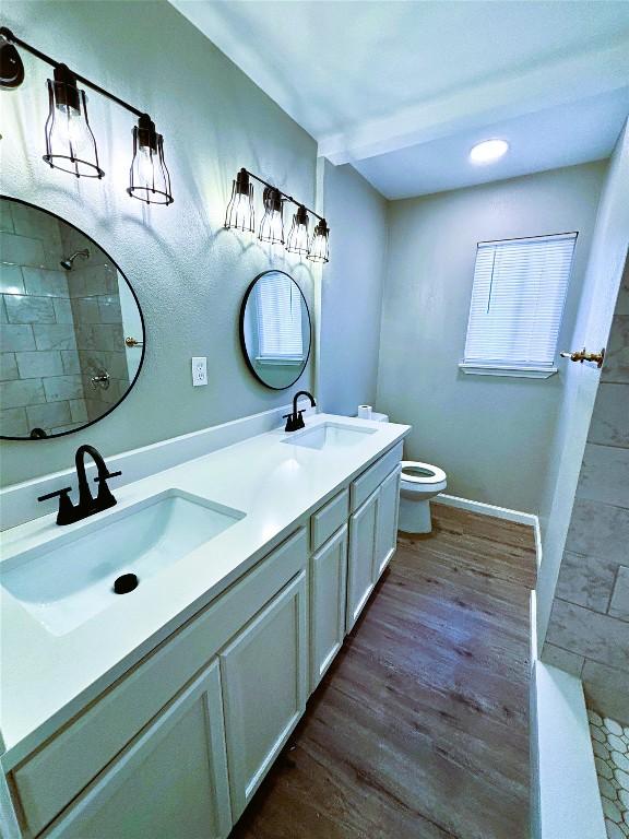 bathroom featuring toilet, wood finished floors, and a sink
