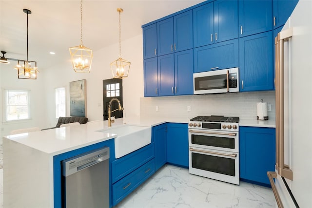 kitchen featuring premium appliances, sink, tasteful backsplash, kitchen peninsula, and decorative light fixtures