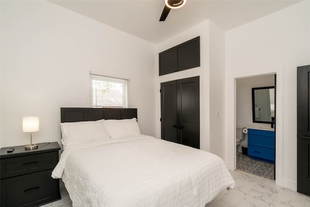 tiled bedroom featuring ceiling fan