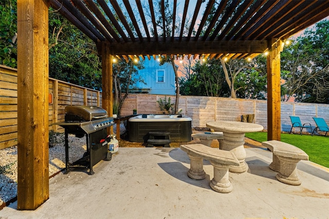 view of patio with a pergola, area for grilling, and a hot tub