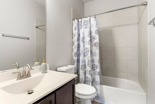 full bathroom featuring shower / bath combination with curtain, vanity, and toilet