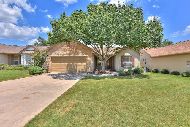 single story home with a front lawn and a garage