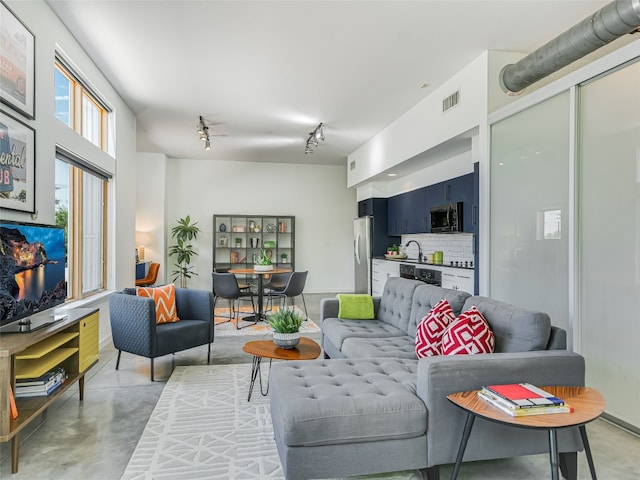 living room with sink and rail lighting