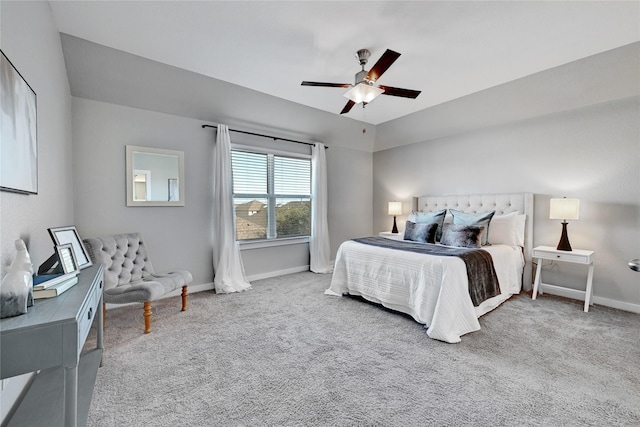 bedroom with ceiling fan and light colored carpet