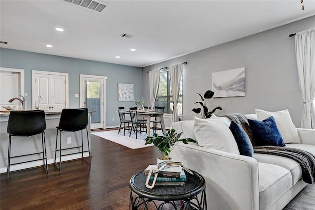 living room featuring sink and dark hardwood / wood-style flooring