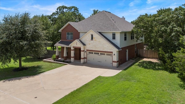 craftsman house with a garage and a front lawn