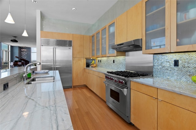 kitchen with light stone counters, light brown cabinetry, light hardwood / wood-style flooring, sink, and high end appliances