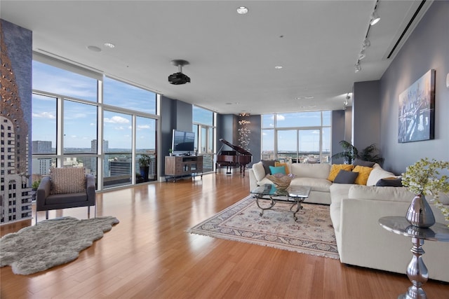 living room featuring rail lighting, light wood-type flooring, and a wall of windows