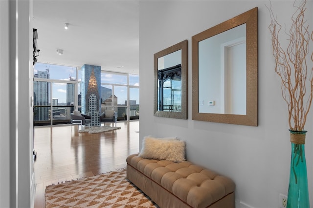 corridor featuring light wood-type flooring and floor to ceiling windows