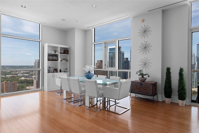 dining area featuring floor to ceiling windows and light wood-type flooring