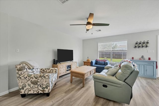 living room featuring ceiling fan and light hardwood / wood-style flooring