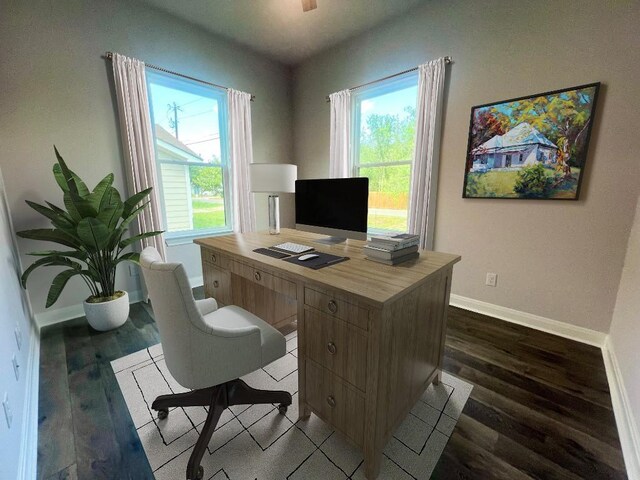 office area with wood-type flooring and a healthy amount of sunlight