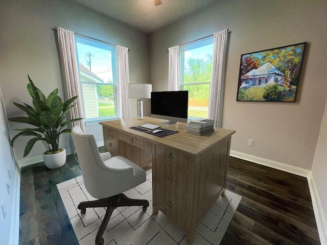 office space with dark wood finished floors and baseboards