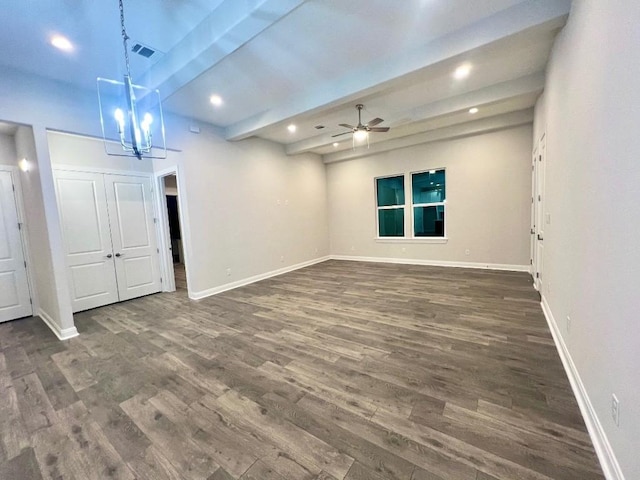 unfurnished room featuring dark wood-style floors, beam ceiling, recessed lighting, baseboards, and ceiling fan with notable chandelier