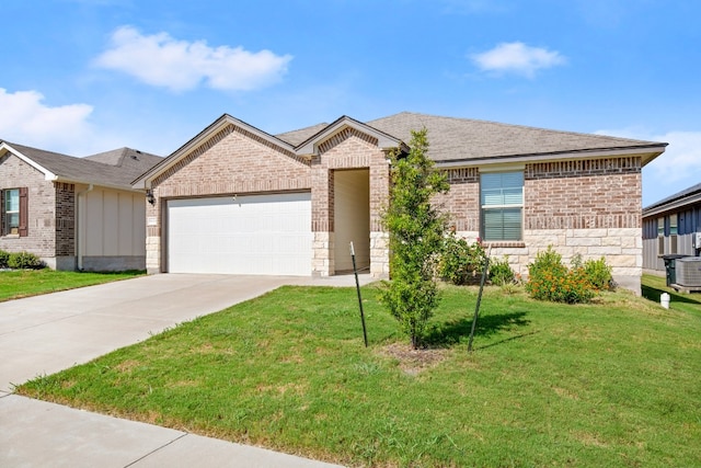 single story home with a front lawn, cooling unit, and a garage