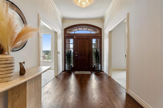 5913 Doone Valley Ct, Austin, TX 78731 - entrance foyer featuring plenty of natural light, dark wood-style floors, and ornamental molding