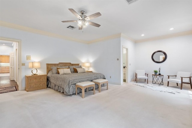 5913 Doone Valley Ct, Austin, TX 78731 - bedroom featuring ornamental molding, light carpet, recessed lighting, ceiling fan, and ensuite bathroom
