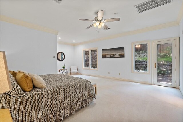 5913 Doone Valley Ct, Austin, TX 78731 - carpeted bedroom featuring crown molding, access to exterior, and ceiling fan