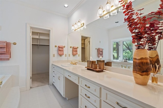 5913 Doone Valley Ct, Austin, TX 78731 - bathroom with vanity, a garden tub, crown molding, a walk in closet, and recessed lighting