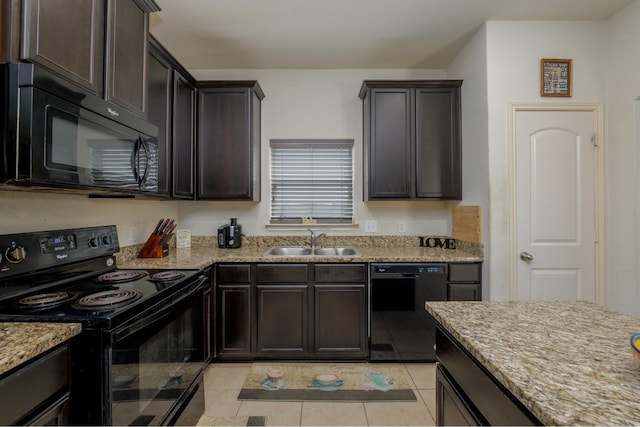 kitchen with black appliances, sink, dark brown cabinets, and light tile patterned floors