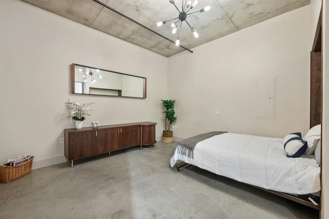 bedroom with electric panel and a notable chandelier