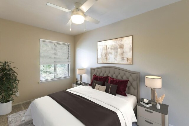 bedroom featuring a ceiling fan and baseboards