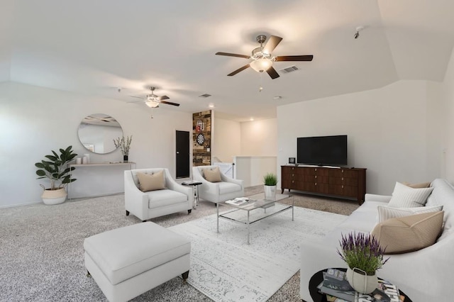 living room featuring ceiling fan and light carpet