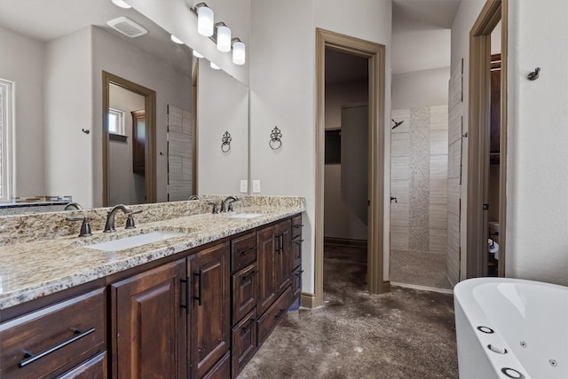 bathroom featuring shower with separate bathtub, dual vanity, and concrete flooring