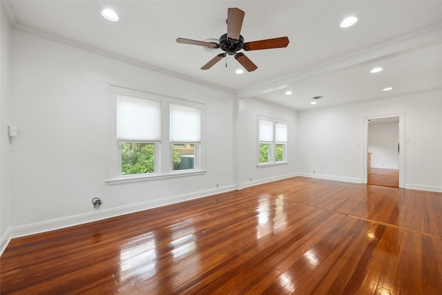 unfurnished room with ceiling fan, ornamental molding, and hardwood / wood-style floors