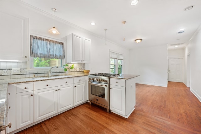 kitchen featuring tasteful backsplash, stainless steel stove, and light hardwood / wood-style flooring