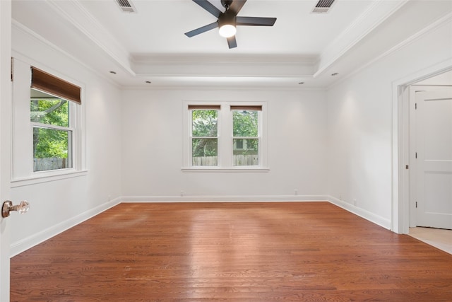 empty room with a raised ceiling, a wealth of natural light, and light wood-type flooring