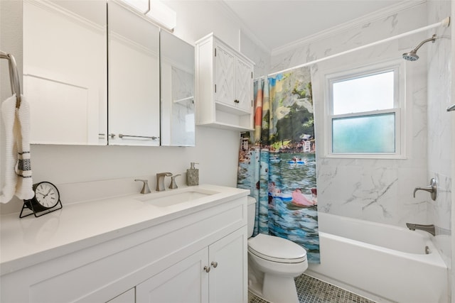 full bathroom featuring toilet, crown molding, tile patterned floors, shower / bath combination with curtain, and vanity