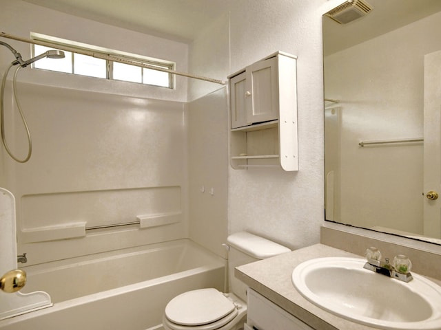 bathroom featuring shower / bath combination, visible vents, a textured wall, toilet, and vanity