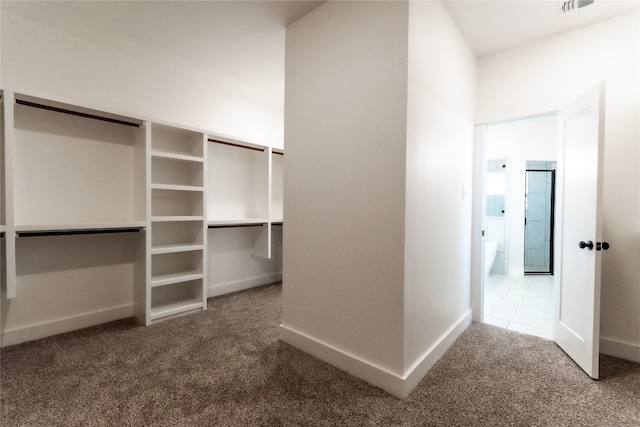 walk in closet with carpet flooring