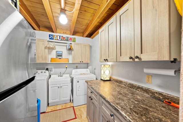 clothes washing area featuring cabinets, wood ceiling, sink, and washing machine and dryer