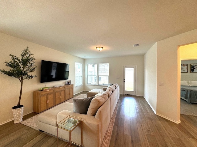 living room with dark hardwood / wood-style floors