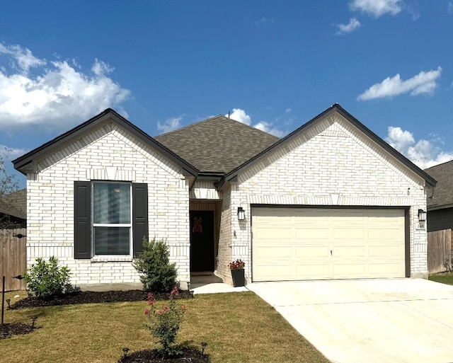 view of front facade with a garage, concrete driveway, roof with shingles, fence, and a front yard