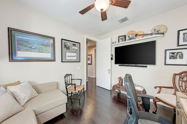 office featuring dark hardwood / wood-style flooring and ceiling fan