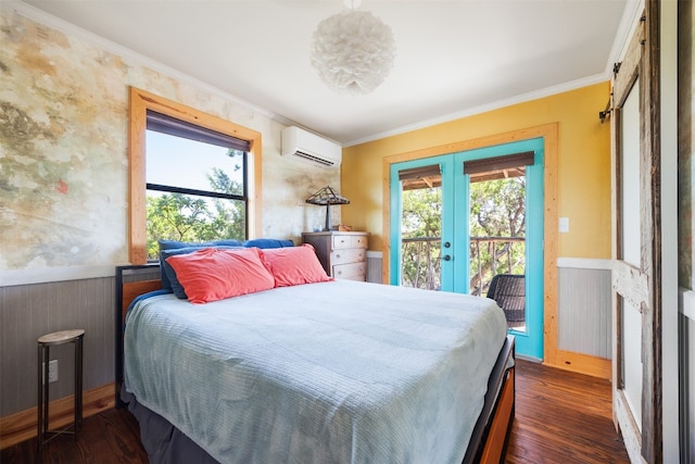 bedroom with multiple windows, crown molding, access to exterior, and french doors