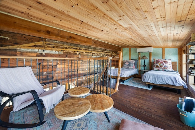 bedroom with hardwood / wood-style flooring, a wall mounted AC, and wood ceiling