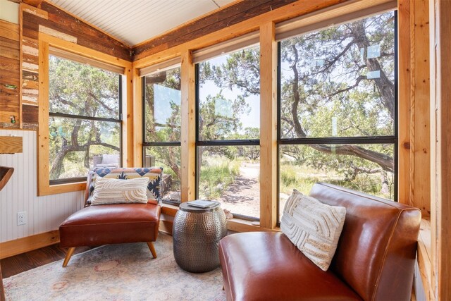 9000 Bear Creek Dr, Austin, TX 78737 - sunroom / solarium featuring vaulted ceiling, wood finished floors, and wood walls