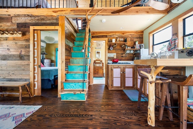 kitchen featuring dark wood-type flooring and wooden walls