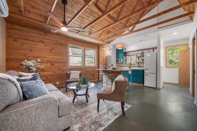 living room with wood ceiling, an AC wall unit, vaulted ceiling, and wood walls