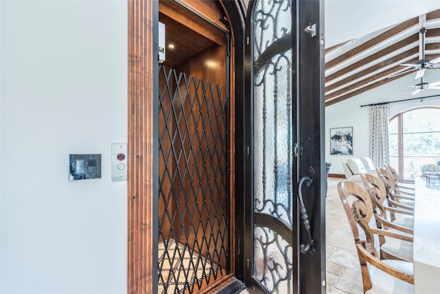 details with tile patterned floors and ceiling fan