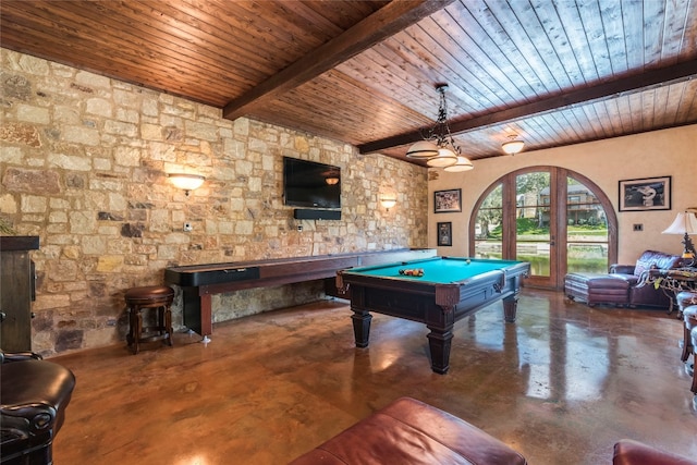 recreation room featuring pool table, wood ceiling, french doors, beam ceiling, and concrete floors